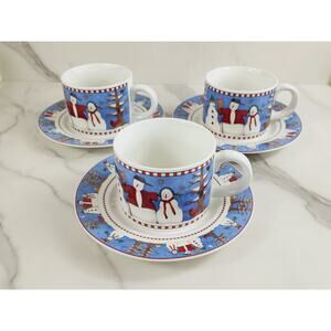 Oneida Sakura Mug Teacup & Saucer Snowman Debbie Mumm Blue Stoneware x6 Vintage